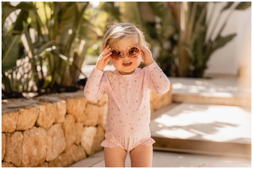 Bathsuit long sleeves ruffles Little Pink Flowers
