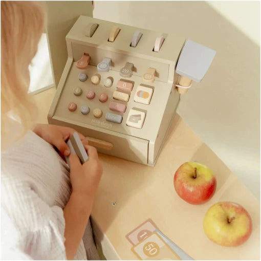Wooden cash register with scanner and card reader