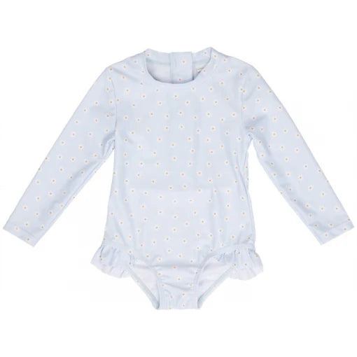 Bathsuit long sleeves ruffles Daisies Blue