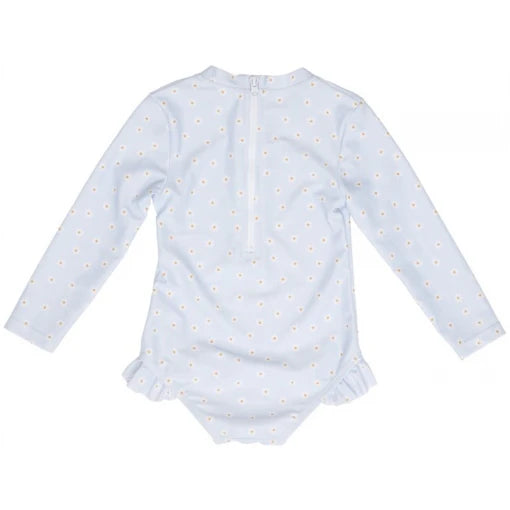 Bathsuit long sleeves ruffles Daisies Blue