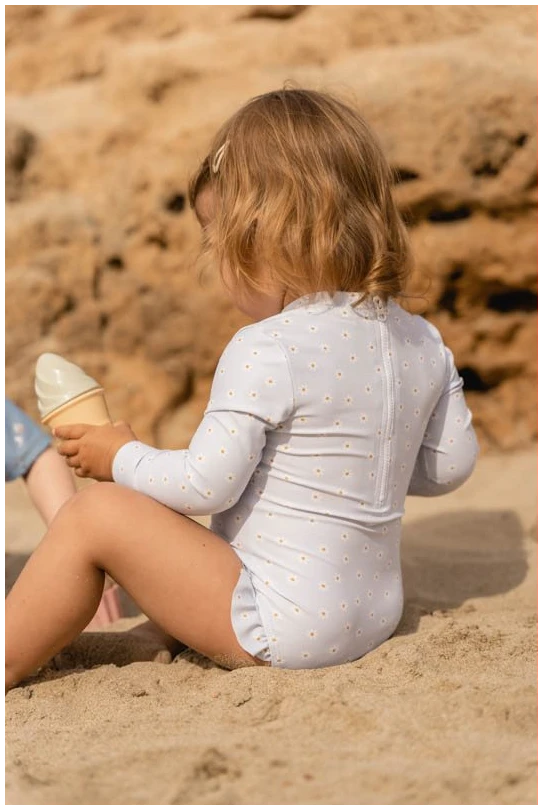Bathsuit long sleeves ruffles Daisies Blue