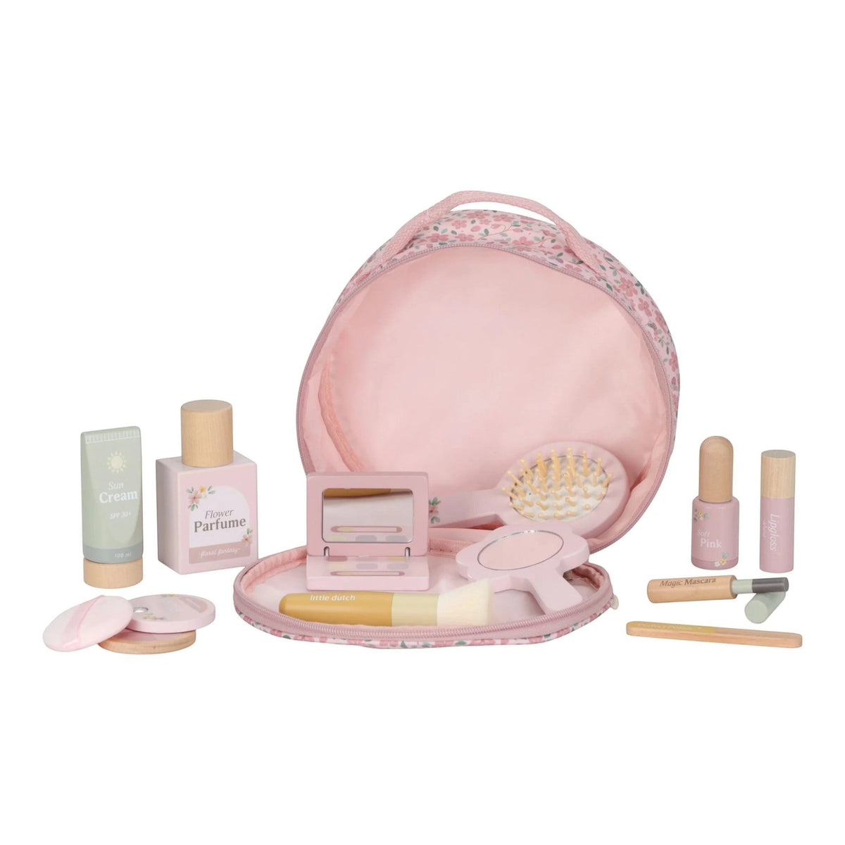 Beauty case with wooden cosmetics