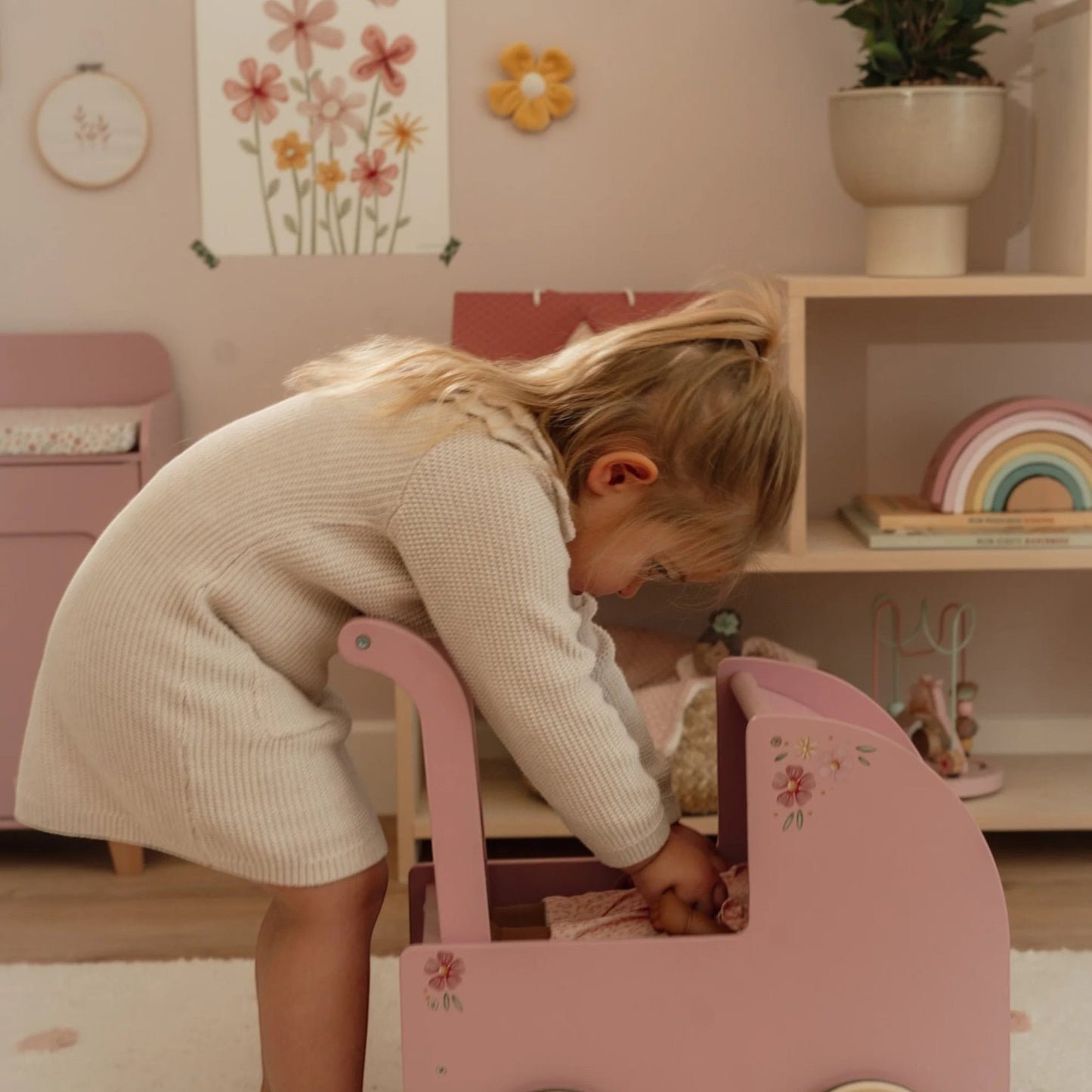 Wooden doll stroller