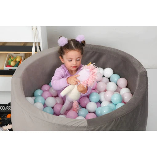 Grey Velvet Ball Pit 90×40 | Rainbow Pinks