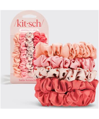 Ruched Satin Scrunchies 5pc Set - Assorted Cherry Blossom